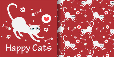 Cute white cat with heart, fish bones, tiny dots and footprints seamless pattern on red background. Vector illustration.のイラスト素材