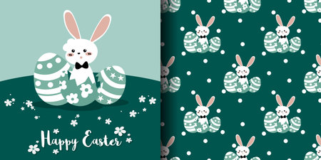 Cute Easter seamless pattern of white rabbit with Easter eggs and white dots on green background. Vector illustration.のイラスト素材