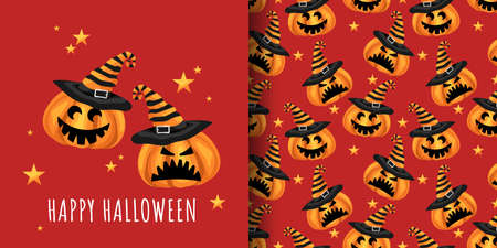 Happy Halloween seamless pattern of cute Halloween pumpkin with witches hat and star on red background. Vector illustrationのイラスト素材