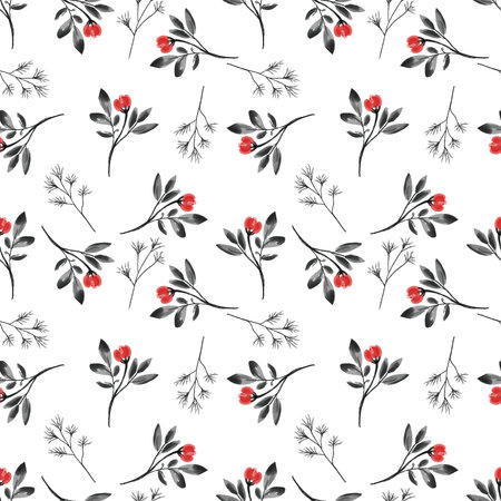 Seamless pattern with tiny flower branches with leaves in watercolor style on white background. Vector illustration.のイラスト素材