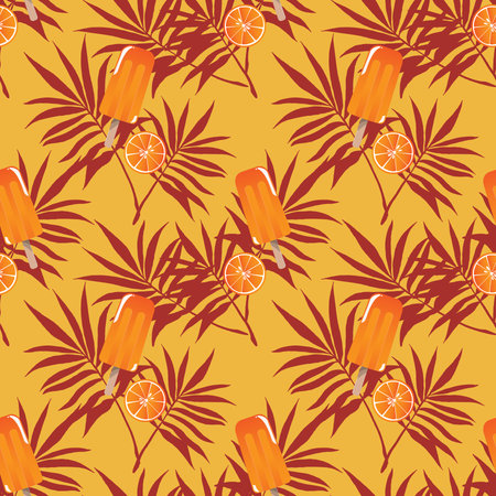 Summer holiday seamless pattern design with ice-cream, leaves and orange for summer season...