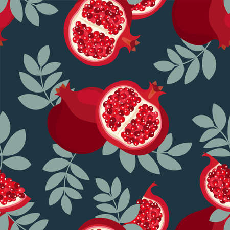 Cute fruits seamless pattern of pomegranate with leaves on dark color background. Vector illustration.のイラスト素材