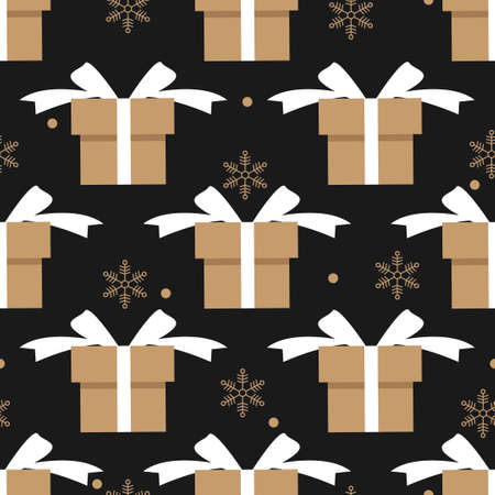 Christmas holiday elements seamless pattern of gift box and snowflakes on black background. Design for winter holiday season background and wrapping papers etc. Vector illustration.のイラスト素材