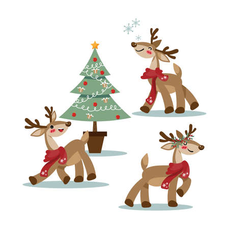 Set of cute reindeers wear red scarf on white background with Christmas tree, snowflakes and red berry crown. Cartoon character in winter costume design for Christmas holiday season and New Year. Vector illustration.のイラスト素材