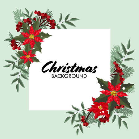 Christmas round frame for your copy space of poinsettia ornament with rowan berries, white berry with leaves, pine and fir branches on light green background. Vector illustration.のイラスト素材