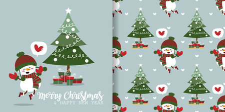 Christmas holiday season banner with Merry Christmas and Happy New year text and seamless pattern of cute snowman in winter outfits with Christmas tree and gift boxes on light color background. Vector illustration.のイラスト素材