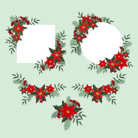 Set of Christmas frames and borders for your copy space of poinsettia ornament with rowan berries, white berry with leaves, pine and fir branches on light green background. Vector illustration.のイラスト素材