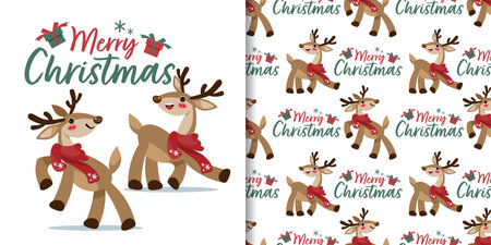 Christmas holiday season banner with Merry Christmas text and seamless pattern of cute reindeers wear red scarf with gift box and snowflakes on white background. Vector illustration.のイラスト素材