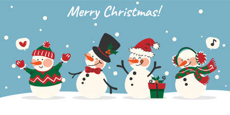 Christmas holiday season banner of a group of cute snowman in winter season outfits on snow floor with light blue sky background with Merry Christmas text and snowflakes. Vector illustration.のイラスト素材