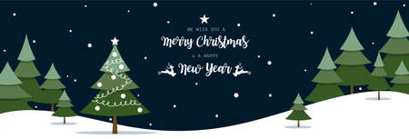 Christmas tree decorate with Christmas balls and star in pine tree forest on snow hill with snowflakes fall on dark sky with we wish you a Merry Christmas and a Happy New Year text design for banner, frame, header, background for greeting card design. Vector Illustration.のイラスト素材