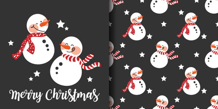 Christmas holiday season banner with Merry Christmas text and seamless pattern of cute snowman wear red scarf on black background with stars. Vector illustration.のイラスト素材