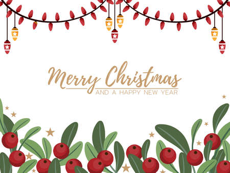 Christmas holiday season banner of Merry Christmas and a Happy New Year text with holly berry branches with tiny stars, fairy lights decorative with Christmas balls on white background. Vector illustration.のイラスト素材