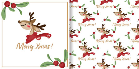 Christmas holiday season banner with Merry Xmas text and seamless pattern of cute reindeer wear scarf and holly berry branches on white color background. Vector illustration.のイラスト素材