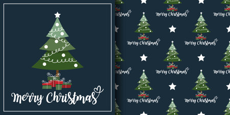 Christmas holiday season banner with Merry Christmas text and seamless pattern of Christmas tree with gift boxes on dark blue background with stars. Vector illustration.のイラスト素材