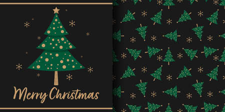 Christmas holiday season banner with Merry Christmas text and seamless pattern of Christmas tree with snowflakes on black background. Vector illustration.のイラスト素材