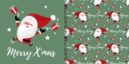 Christmas holiday season banner with Merry Xmas text and seamless pattern of Santa Claus with gift boxes and stars on green background. Vector illustration.のイラスト素材
