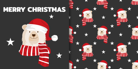 Christmas holiday season banner with Merry Christmas text and seamless pattern of a polar bear wear Santa hat and red scarf on black background with stars. Vector illustration.のイラスト素材