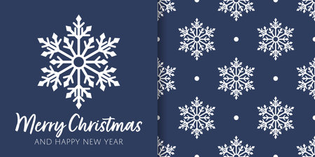Christmas holiday season banner with Merry Christmas and Happy New Year text and seamless pattern of snowflakes decoration on blue background. Vector illustration.のイラスト素材