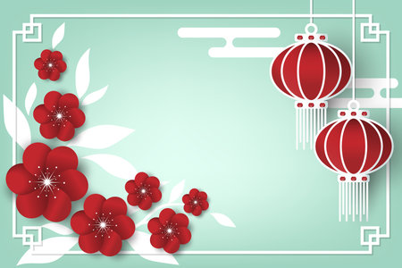 Chinese New Year festival banner design with lamps, flower and clouds on light green background for...