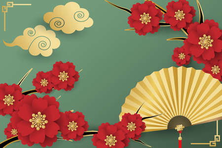 Chinese New Year festival banner design with folding fans with golden clouds and red flower branches on green background for your copy space. Vector illustration.のイラスト素材