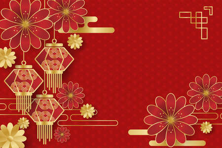 Chinese New Year festival banner design with red lamps, flowers and clouds on red pattern background for your copy space. Vector illustration.のイラスト素材