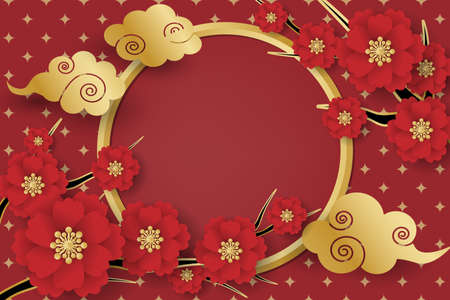 Chinese New Year festival banner design flower branches and clouds on red  background for your copy space.のイラスト素材