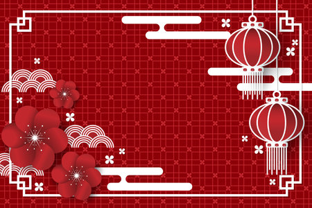 Chinese New Year festival banner design with lamps, flower and clouds on red pattern background for your copy space. Vector illustration.のイラスト素材