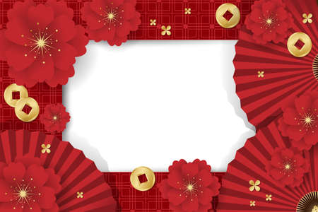 Chinese New Year festival banner design with red flowers, folding fans and Chinese coins on red background and white frame for your copy space. Vector illustration.のイラスト素材