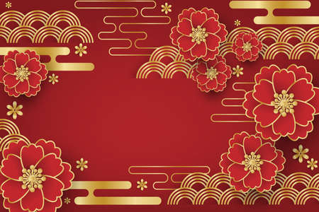 Chinese New Year festival banner design with flowers and clouds on red background for your copy space. Vector illustration.のイラスト素材