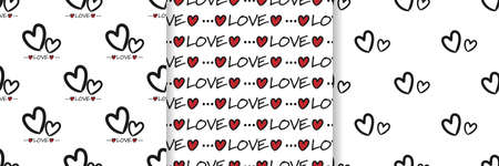 Set of Valentines Day seamless pattern of hearts and Love text on white background. Design for Valentine's day concept. Vector illustration.のイラスト素材