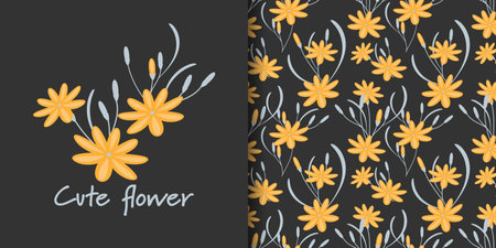 Cute floral seamless pattern of yellow flowers with leaves on black background. Vector illustration.のイラスト素材