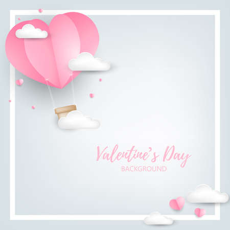 Valentine's day background of heart shape hot air balloon with tiny hearts on light gray background for your copy space. Concept of love and Valentine day in paper art style.のイラスト素材