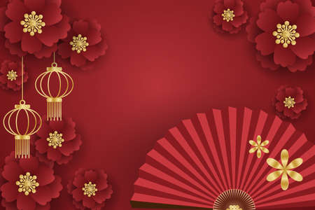 Chinese New Year festival banner design with red folding fans with golden lantern and flowers on red background for your copy space. Vector illustration.のイラスト素材