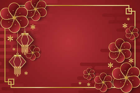 Chinese New Year festival banner design with lamps and red flowers on red background for your copy space. Vector illustration.のイラスト素材