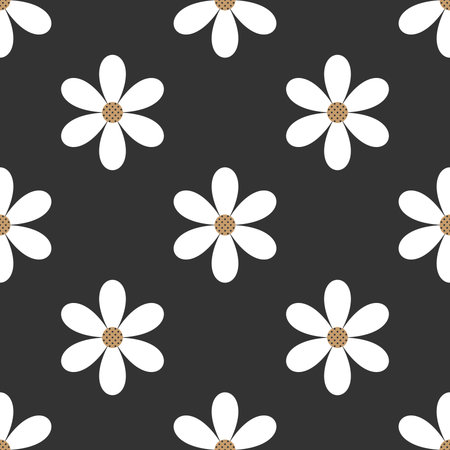 cute seamless pattern of white flowers on black background. Vector illustration.のイラスト素材