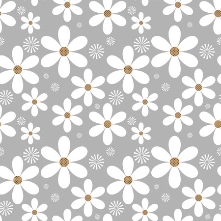 cute seamless pattern of white flowers on gray background. Vector illustration.のイラスト素材