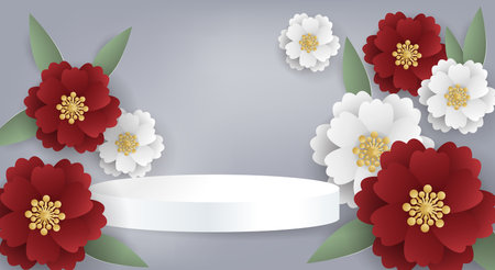 Product podium with flowers and leaves paper cut on light gray background for template for advertising. Vector illustration.のイラスト素材
