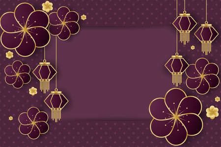 Chinese New Year festival banner design with lamps and flowers on purple pattern background with frame for your copy space. Vector illustration.のイラスト素材