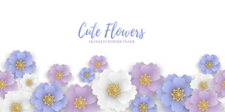 Cute flowers on white background seamless border frame decoration template for advertising. Vector illustration.のイラスト素材