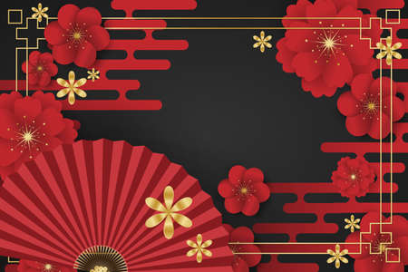 Chinese festival banner design with folding fans with golden frame and red flowers on black background for your copy space. Vector illustration.のイラスト素材