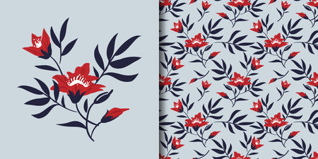 Cute floral seamless pattern of red flowers with leaves on light gray color background. Vector...