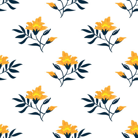 Cute floral seamless pattern of yellows flowers with leaves on white color background. Vector illustration.のイラスト素材