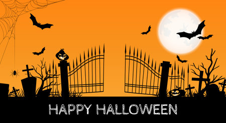 Halloween background of Jack O Lantern in creepy graveyard with spider on cobweb and flying bats on full moon sky background and Happy Halloween text design for Invitation to party or greeting card or banner.Vector illustration.のイラスト素材