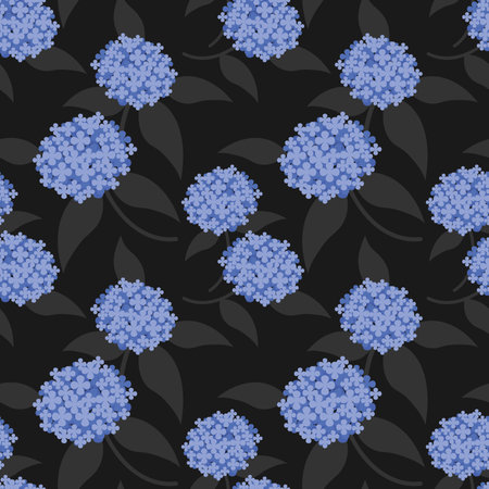 Seamless pattern of cute blue hydrangea flower branches with leaves on black background. Vector illustration.のイラスト素材