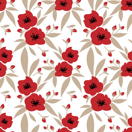 Seamless pattern of cute red flower branches with leaves on write background. Vector illustration.のイラスト素材