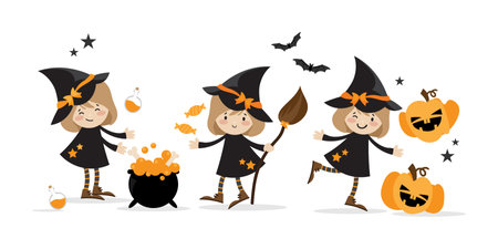 Halloween little witches collection of young witches with broomstick, magic potion pot, candy, flying bats and Halloween pumpkins on white background. Vector illustration.のイラスト素材