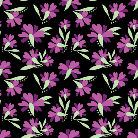 Seamless pattern of  cute purple flower branches with leaves on black background. Vector illustration.のイラスト素材