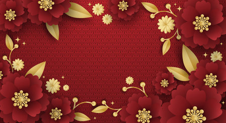 Chinese banner design with frame and flowers on red pattern background for your copy space. Vector illustration.のイラスト素材