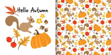 Autumn season banner and seamless pattern of squirrel with pumpkin, autumn leaves, berries, acorns and flowers on white background. Vector illustration.のイラスト素材