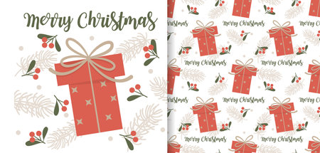 Christmas holiday season banner with Merry Christmas text and seamless pattern of gift boxes with holly berry branches, pine branches and snowflakes on white background. Vector illustration.のイラスト素材